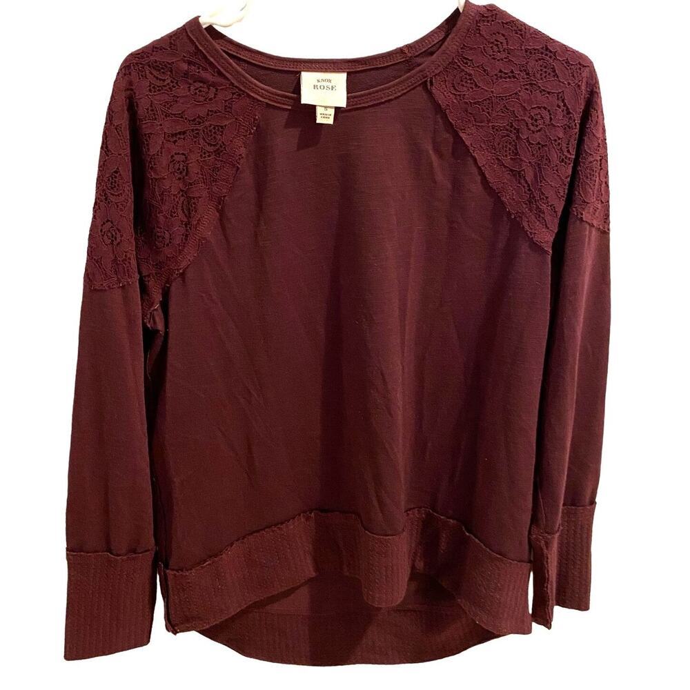 Knox Rose Burgundy‎ Shirt Long Sleeve Lace Patches Women Size S Hi Lo